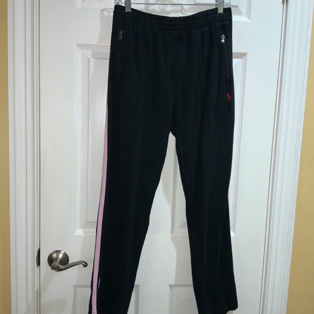 Polo Ralph Lauren track pants Sz M zip ankle pink stripe mock fly drawstring